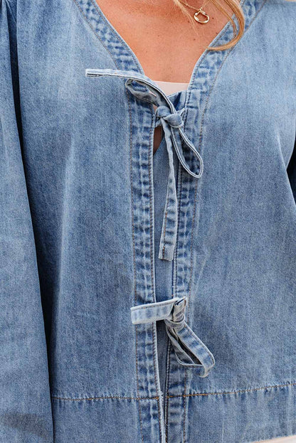 Solid Denim Tie-Front Puff Sleeve Top