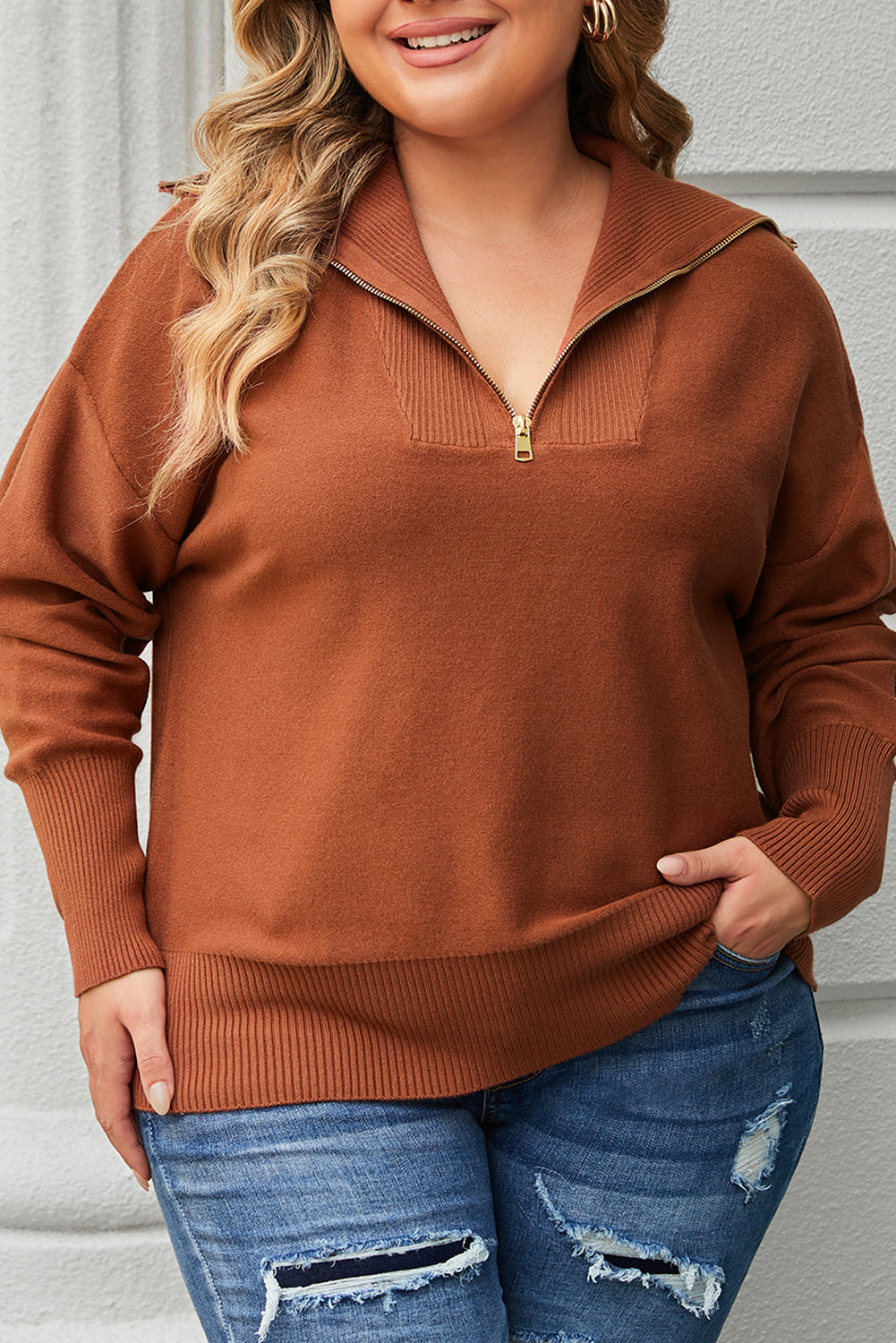 Plus Size Ribbed Trim Zip Collar Sweater