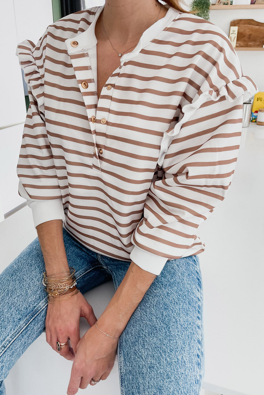 Stripe Ruffle Sleeve Buttoned Top