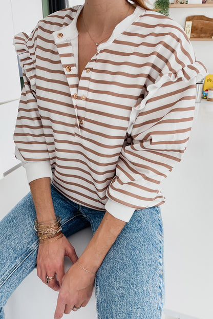 Stripe Ruffle Sleeve Buttoned Top