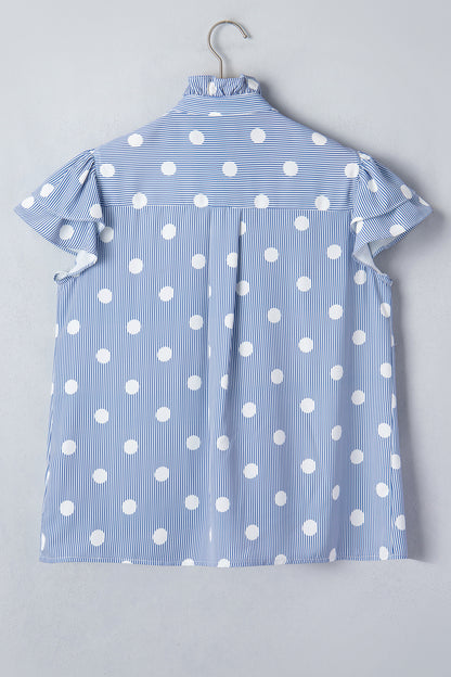 Stripe Contrast Polka Dot Pleated Ruffle Sleeve Shirt