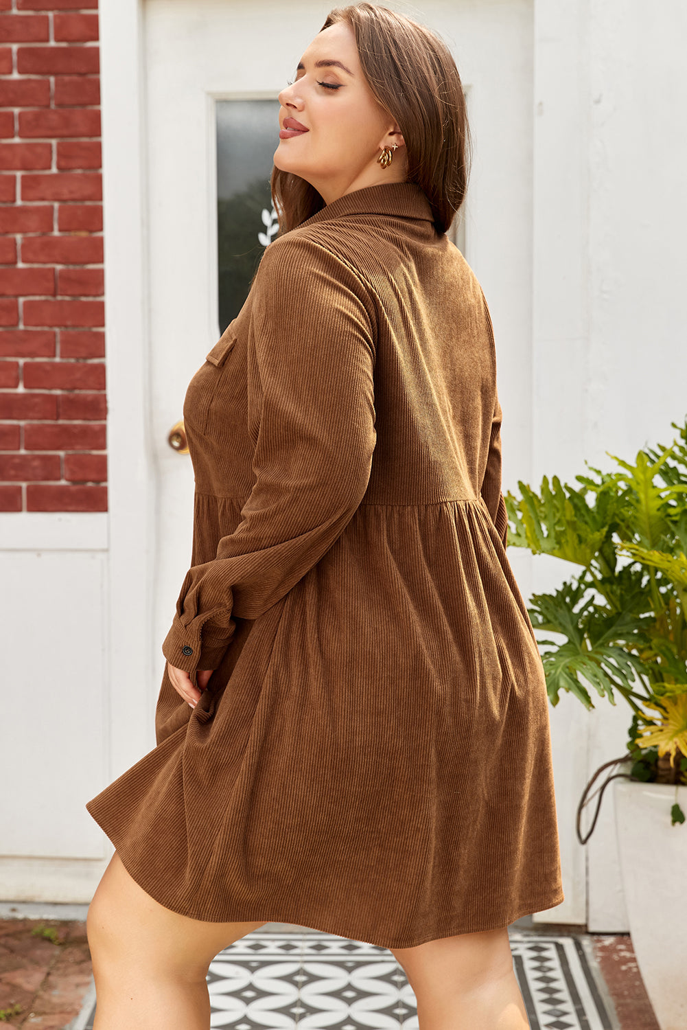 Plus Size Corduroy Button-Up Collared Shirt Dress