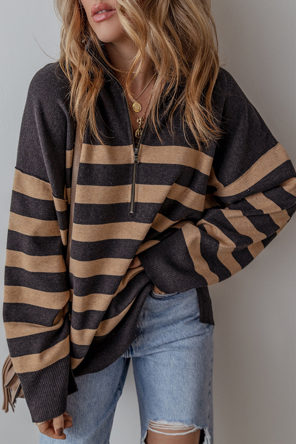 Stripe Quarter Zip Oversized Sweater