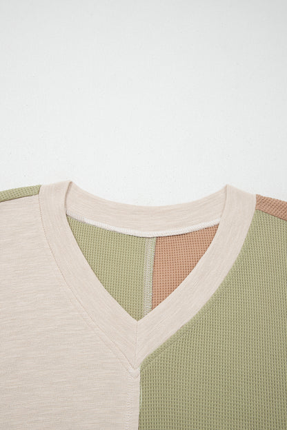 Plus Size Colorblock Waffle Long Sleeve V-Neck Top