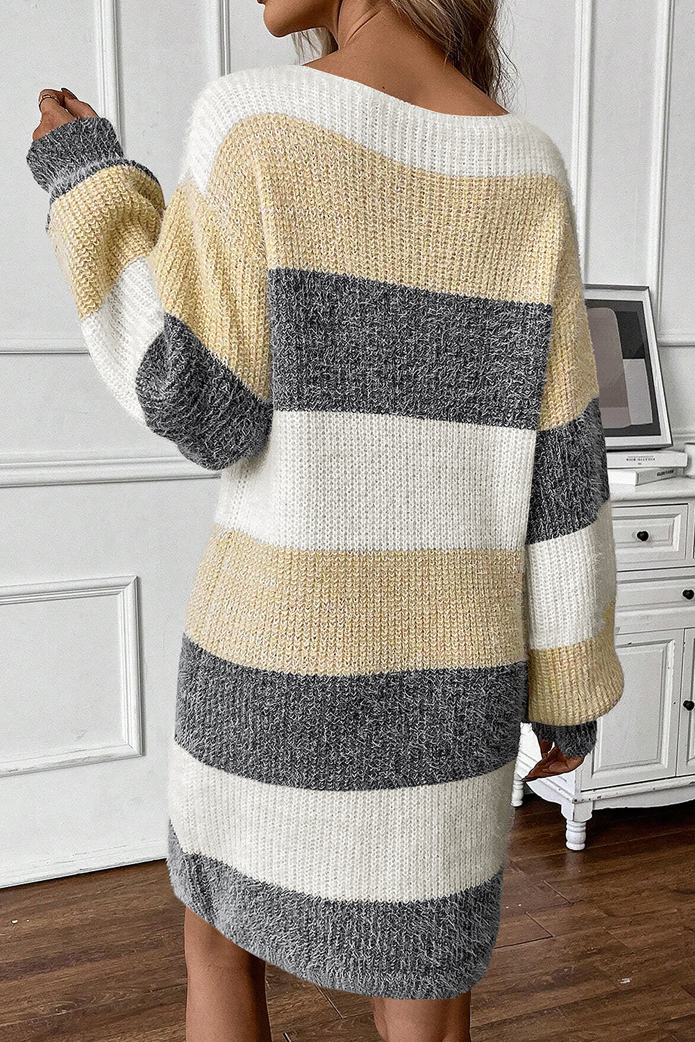 Stripe Colorblock Bubble Sleeve Sweater Dress