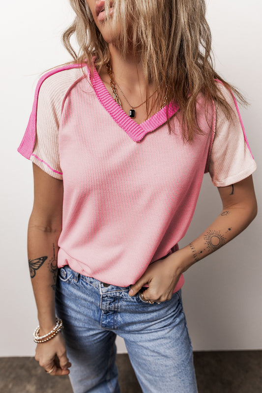 Colorblock Waffle Ribbed V-Neck T-Shirt