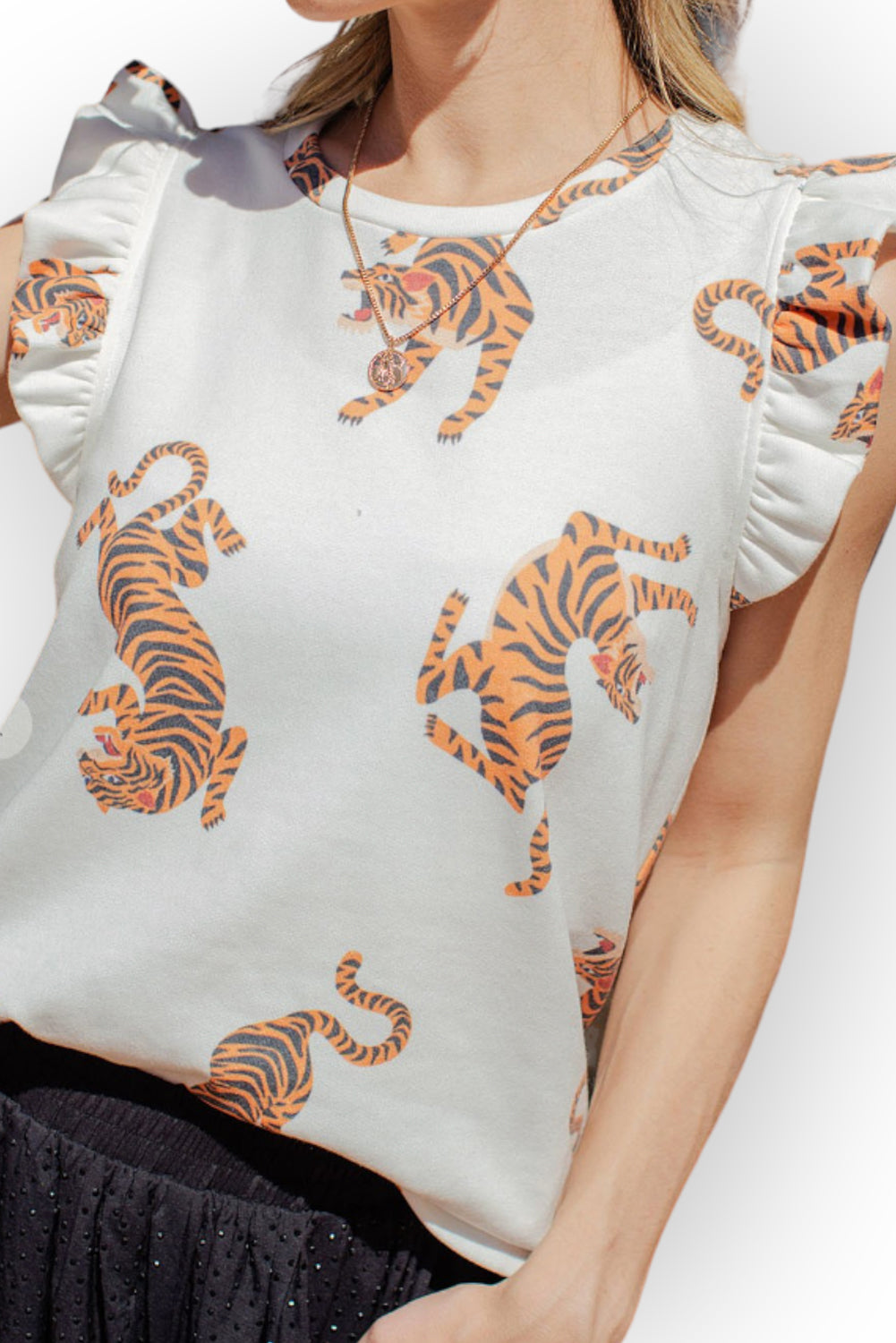 Tiger Flutter Sleeve Crewneck Blouse