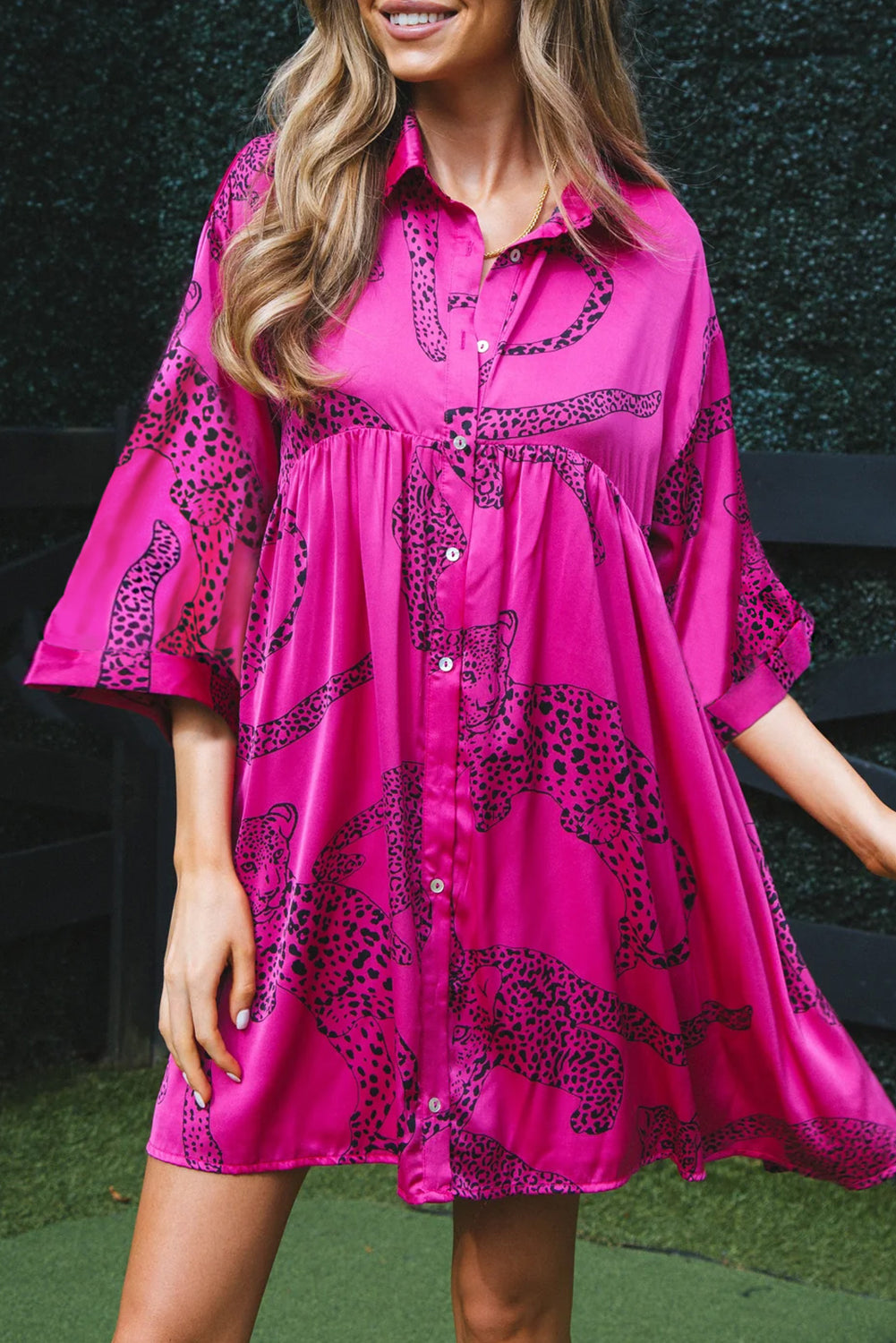 Cheetah 3/4 Sleeve Mini Shirt Dress