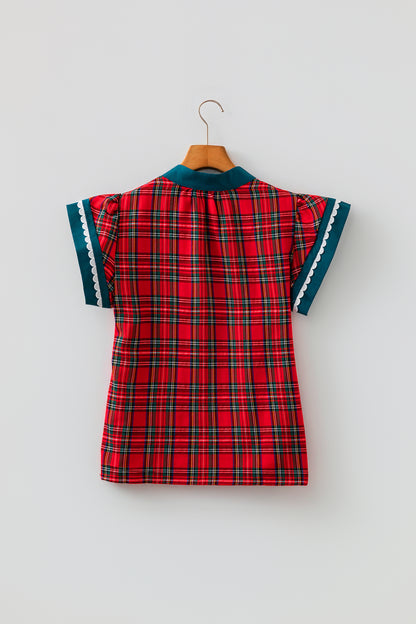 Plaid Scallop Ricrac Trim Short Sleeve V-Neck Blouse