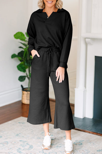 Textured Collared Top and Pants Set