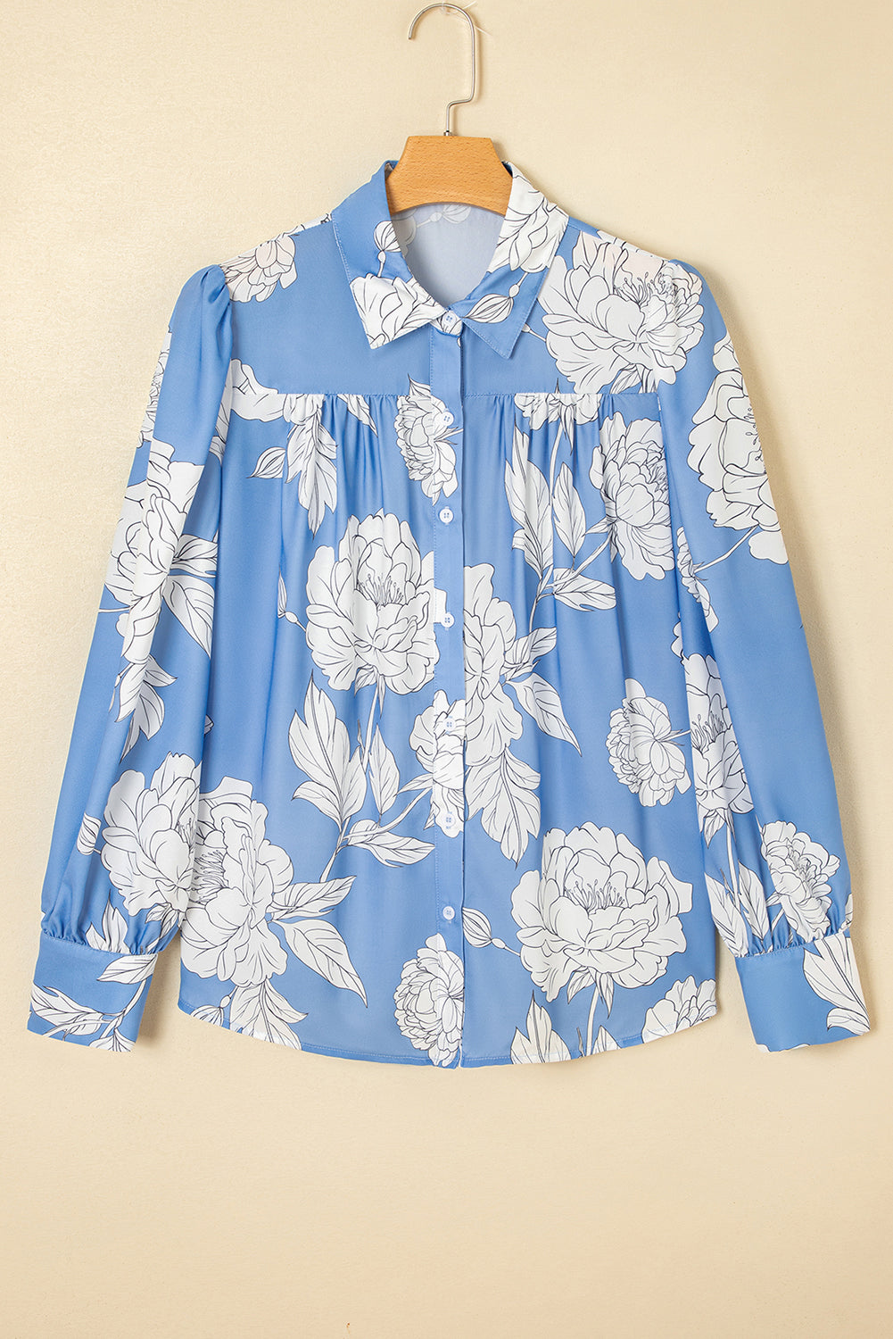 Floral Button-Up Pleated Puff Sleeve Shirt