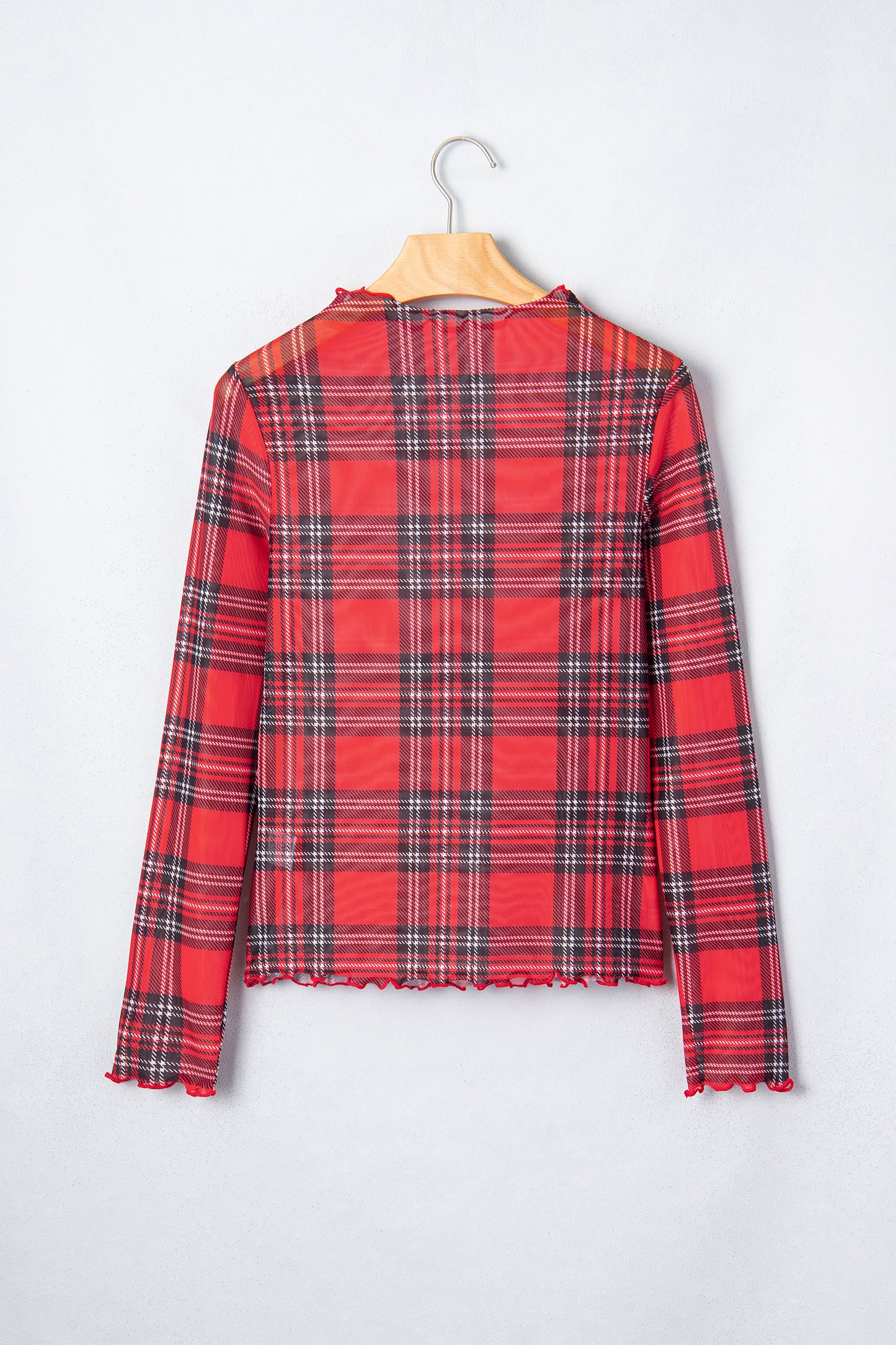 Plaid Mesh Lettuce Trim Long Sleeve Top
