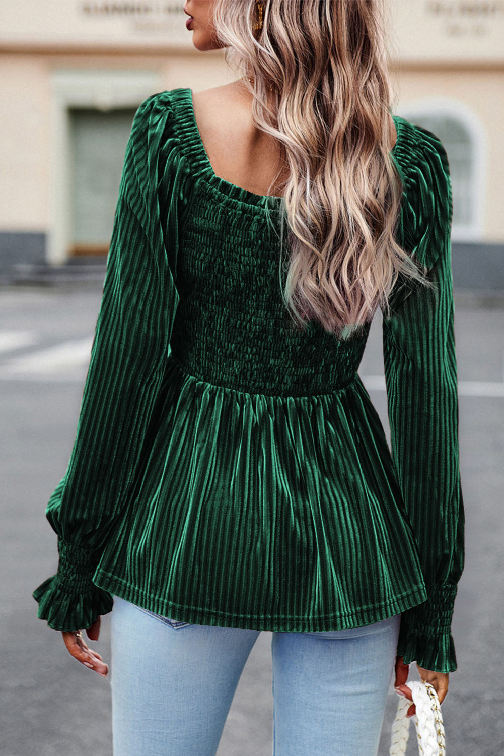 Pleated Velvet Smocked Babydoll Top