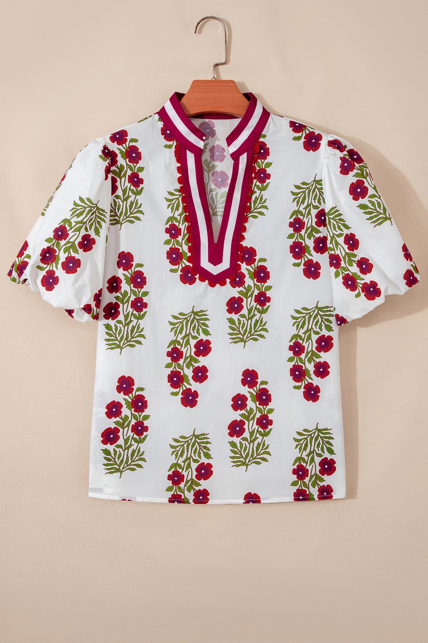 Floral Contrast Slit V-Neck Short Bubble Sleeve Blouse