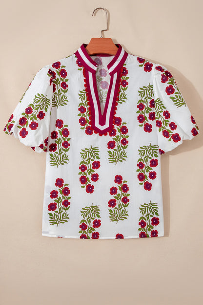 Floral Contrast Slit V-Neck Short Bubble Sleeve Blouse