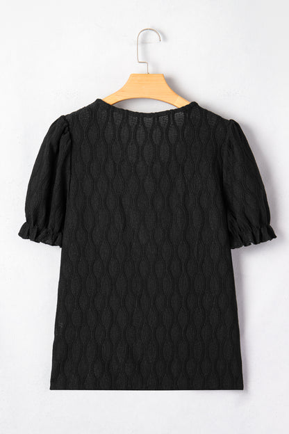 Solid Textured Notch Neck Puff Sleeve Blouse