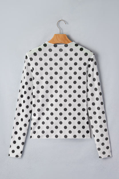 Polka Dot Mesh Long Sleeve Stand Neck Top