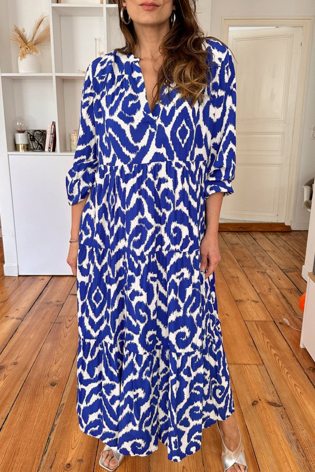 Abstract Long Sleeve Maxi Dress