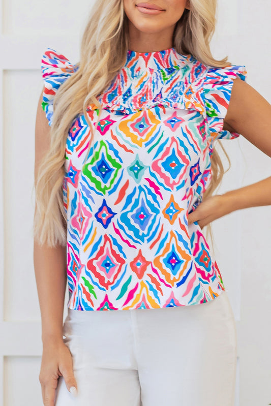 Geometric Flutter Sleeve Shirred Blouse