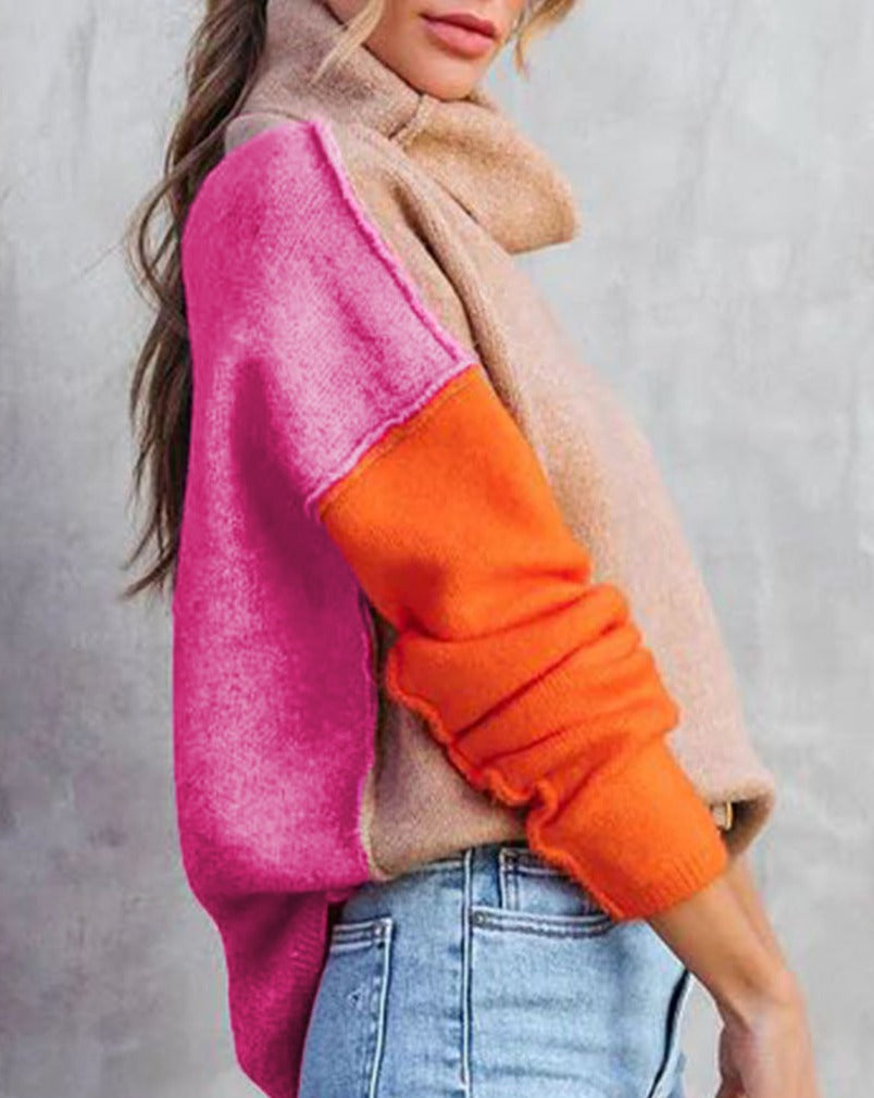 NEW! Color Block Turtle Neck Drop Shoulder Knit Sweater