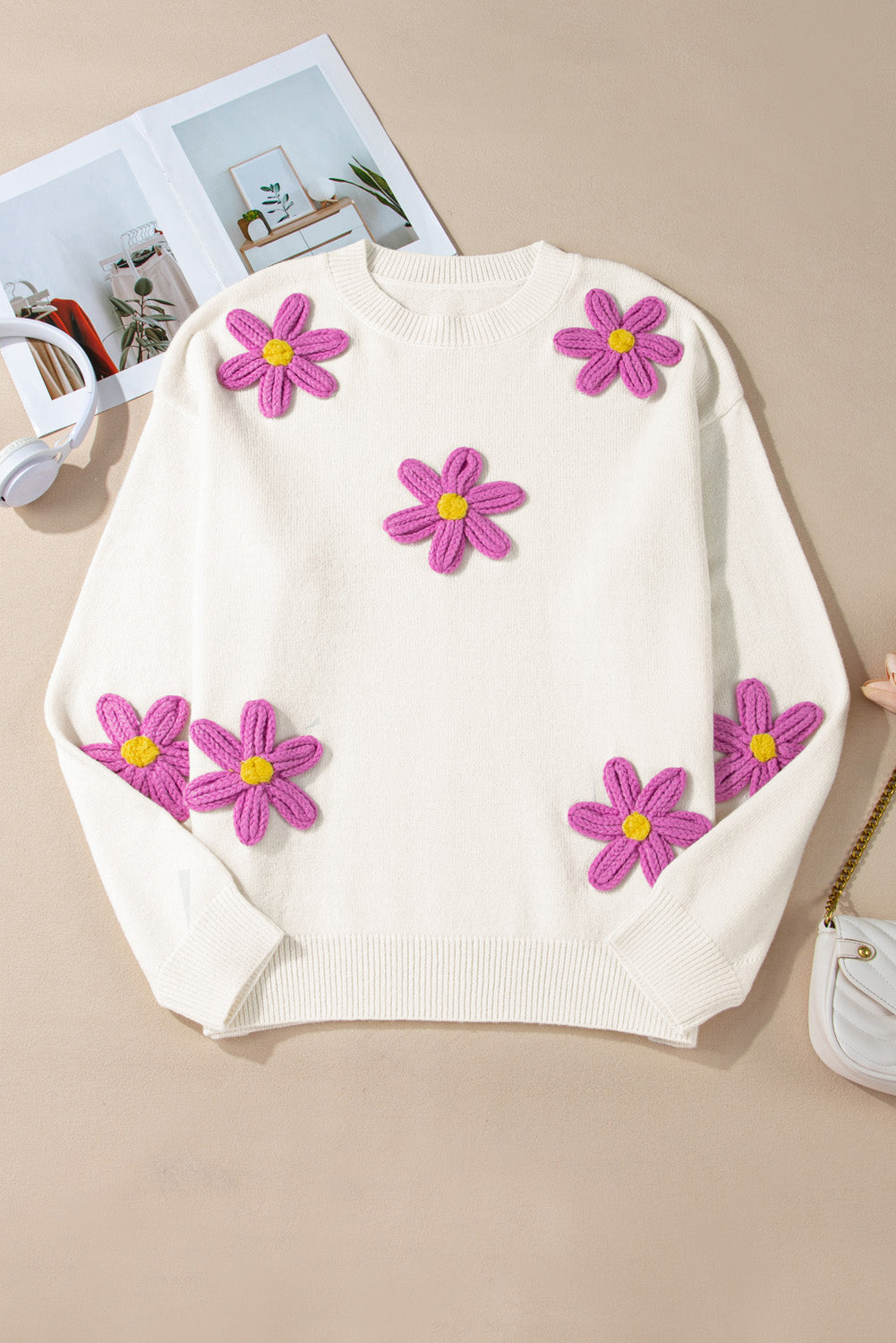 Plus Size Floral Crochet Drop Shoulder Sweater