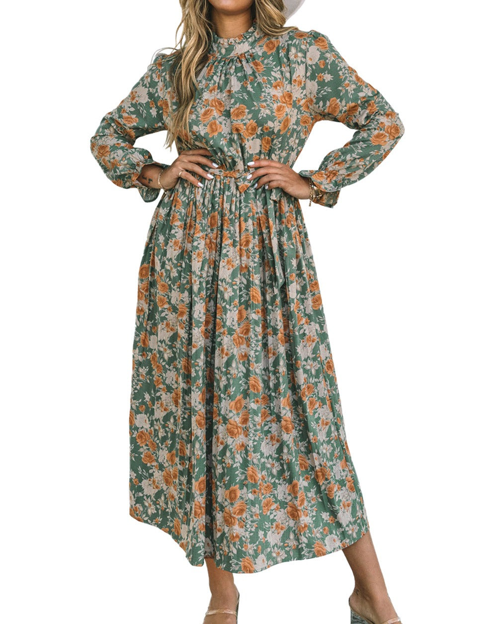 Floral Pleated Long Sleeve Maxi Dress