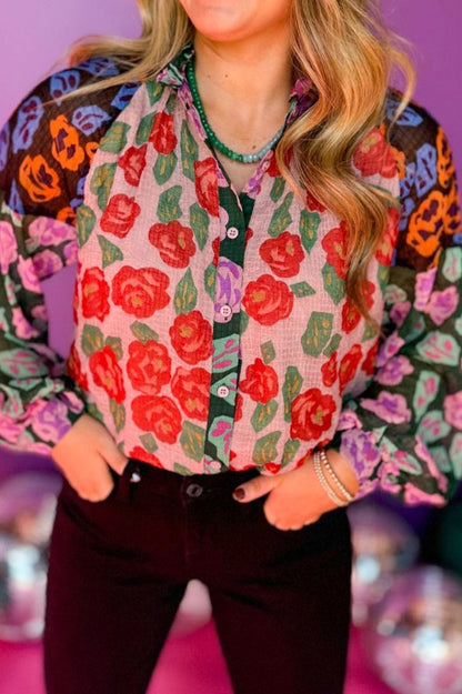 Floral Colorblock Puff Sleeve Shirt