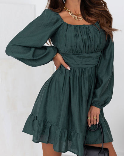 Ruched Square Neck Puff Sleeve Dress