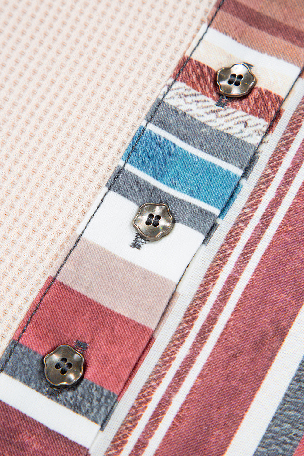 Stripe Waffle Knit Patchwork Raw Edge Henley Top