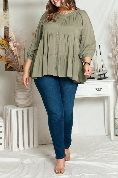 Plus Size Ruffle Tiered Buttoned Shirt