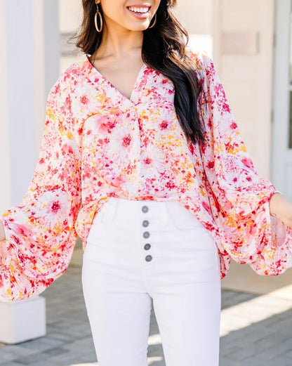 Floral Bubble Sleeve V-Neck Blouse