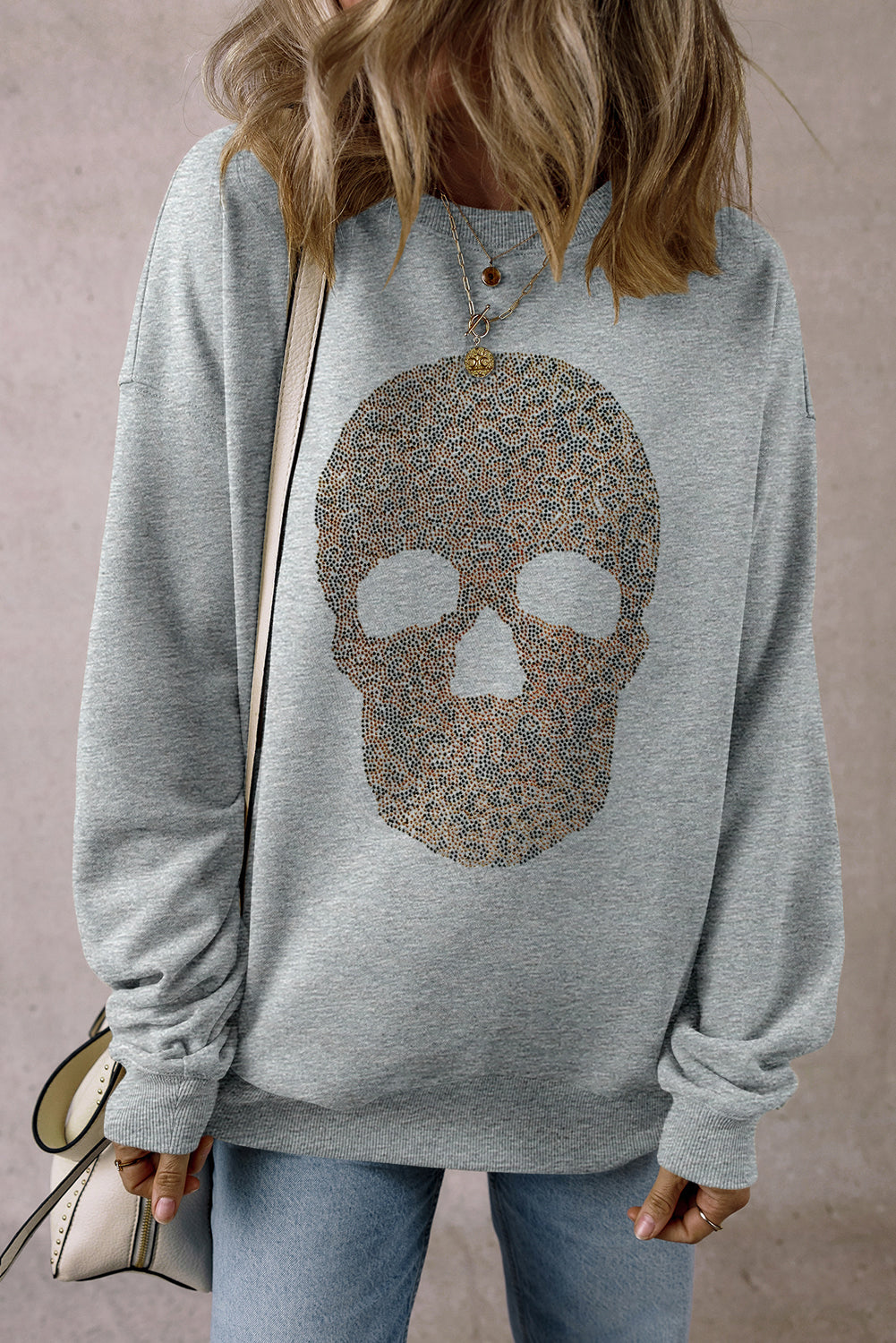 Rhinestone Skull Drop Shoulder Sweatshirt