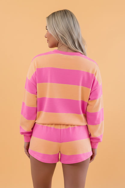 Stripe Long Sleeve Top & Drawstring Shorts Set