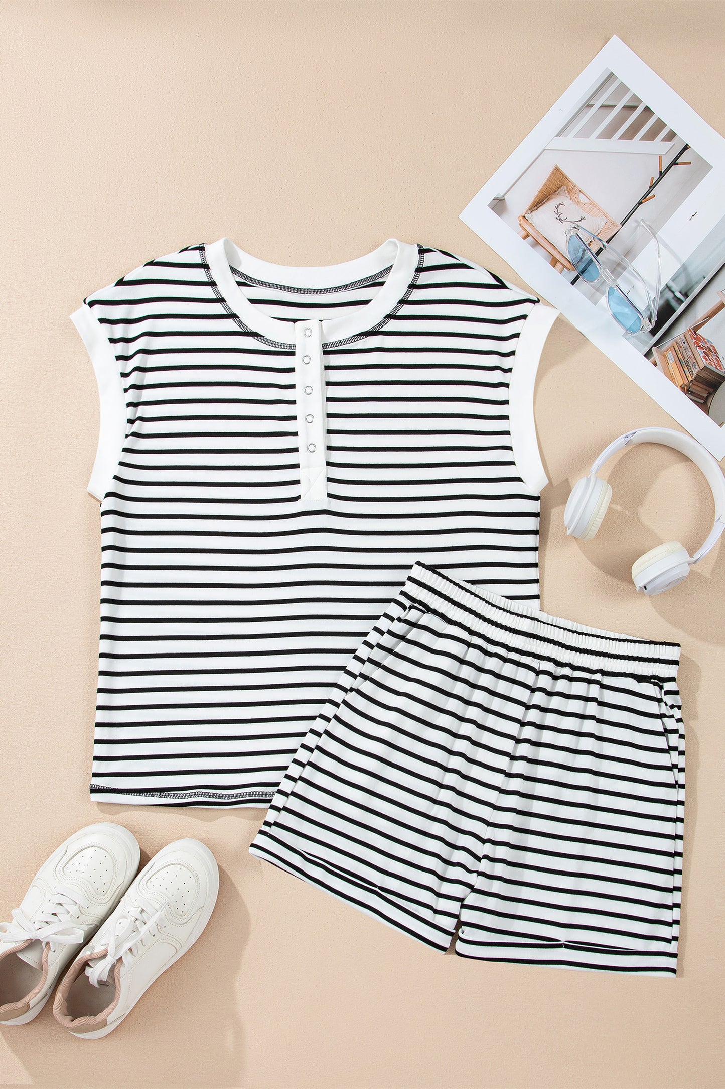Stripe Cap Sleeve Henley Top & Shorts Set