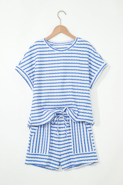 Stripe Knitted Top & Drawstring Shorts Set
