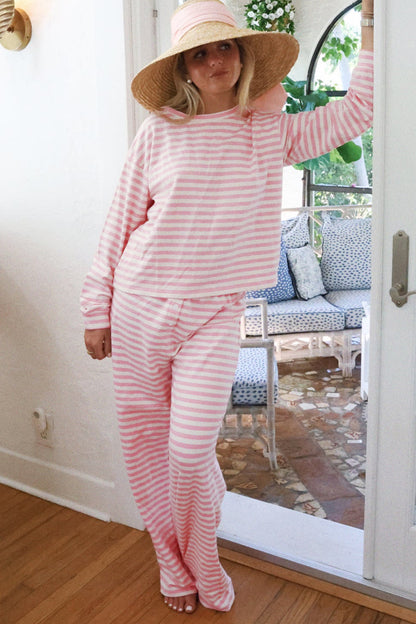 Stripe Drop Shoulder Top & Buttoned Pants Set