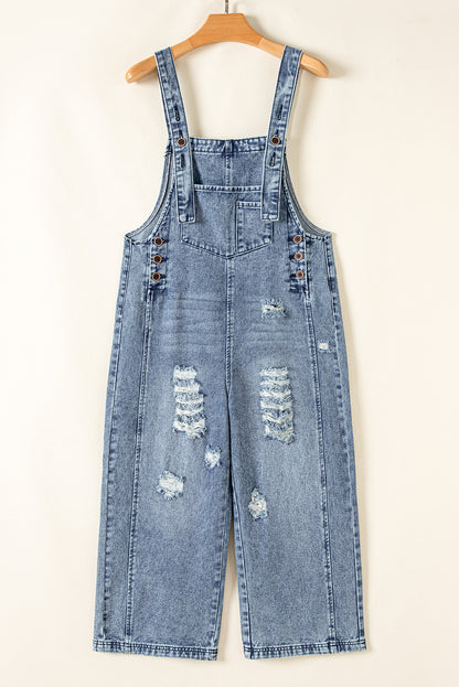 Solid Denim Distressed Bib Pocket Wide Leg Overall