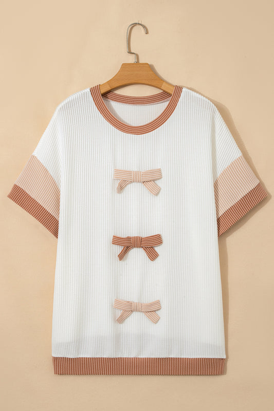 Plus Size Colorblock Bow Tie Corded Knit Top