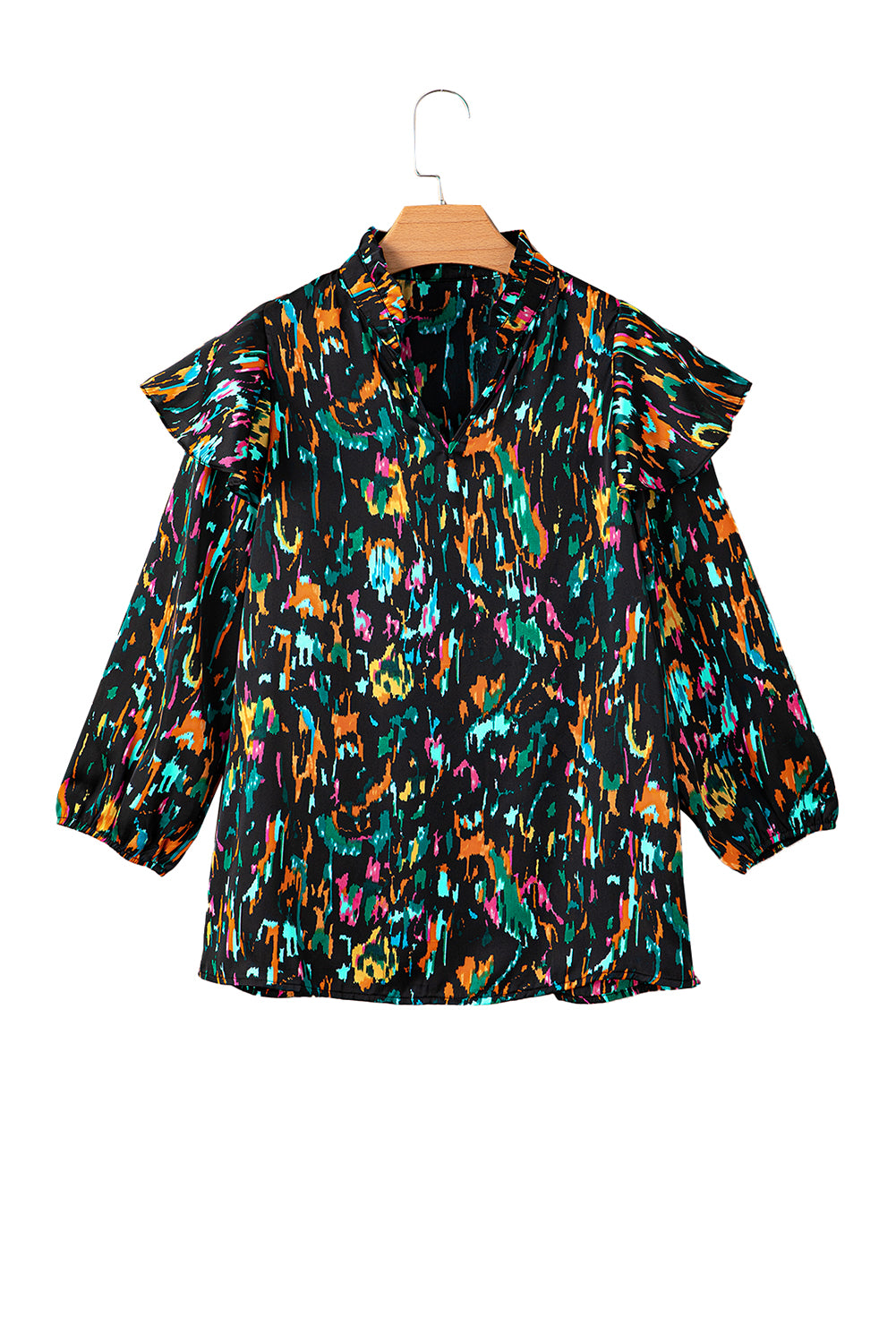 Abstract Ruffle 3/4 Puff Sleeve Blouse