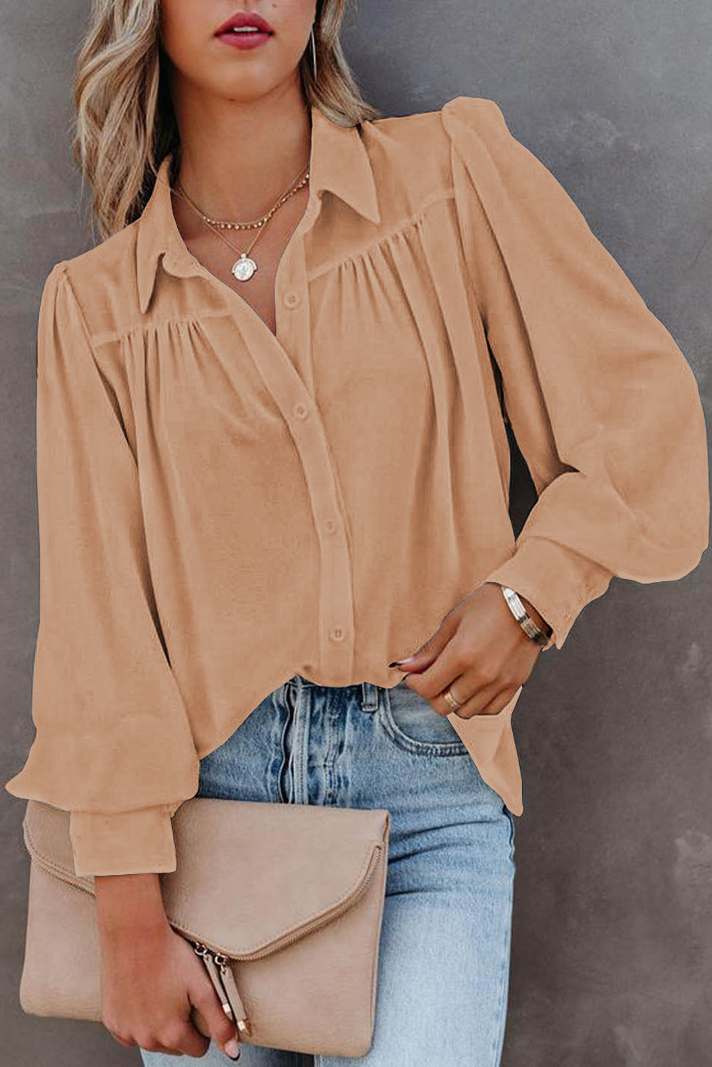 Buttoned Puff Sleeve Collared Blouse