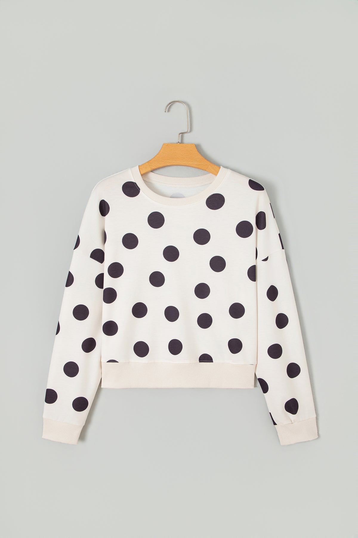 Polka Dot Ribbed Trim Round Neck Sweatshirt