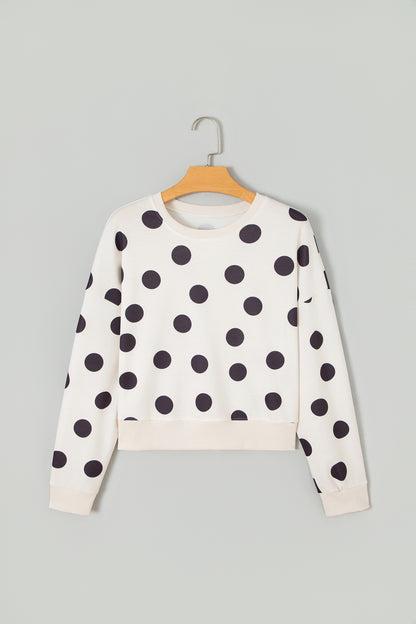 Polka Dot Ribbed Trim Round Neck Sweatshirt