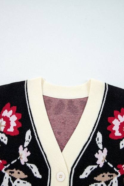 Floral Knit Button-Front V-Neck Cardigan