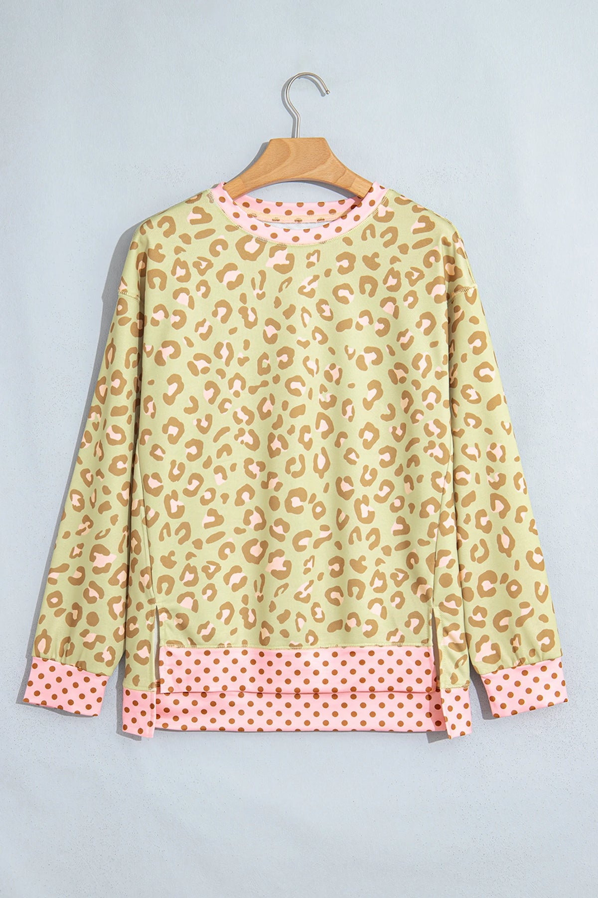 Leopard Polka Dot Colorblock Trim Long Sleeve Top