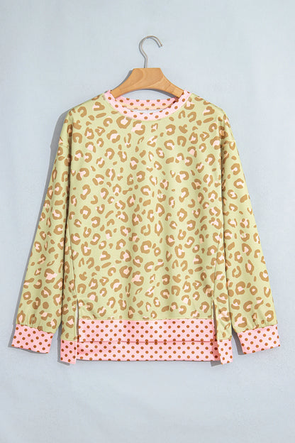 Leopard Polka Dot Colorblock Trim Long Sleeve Top