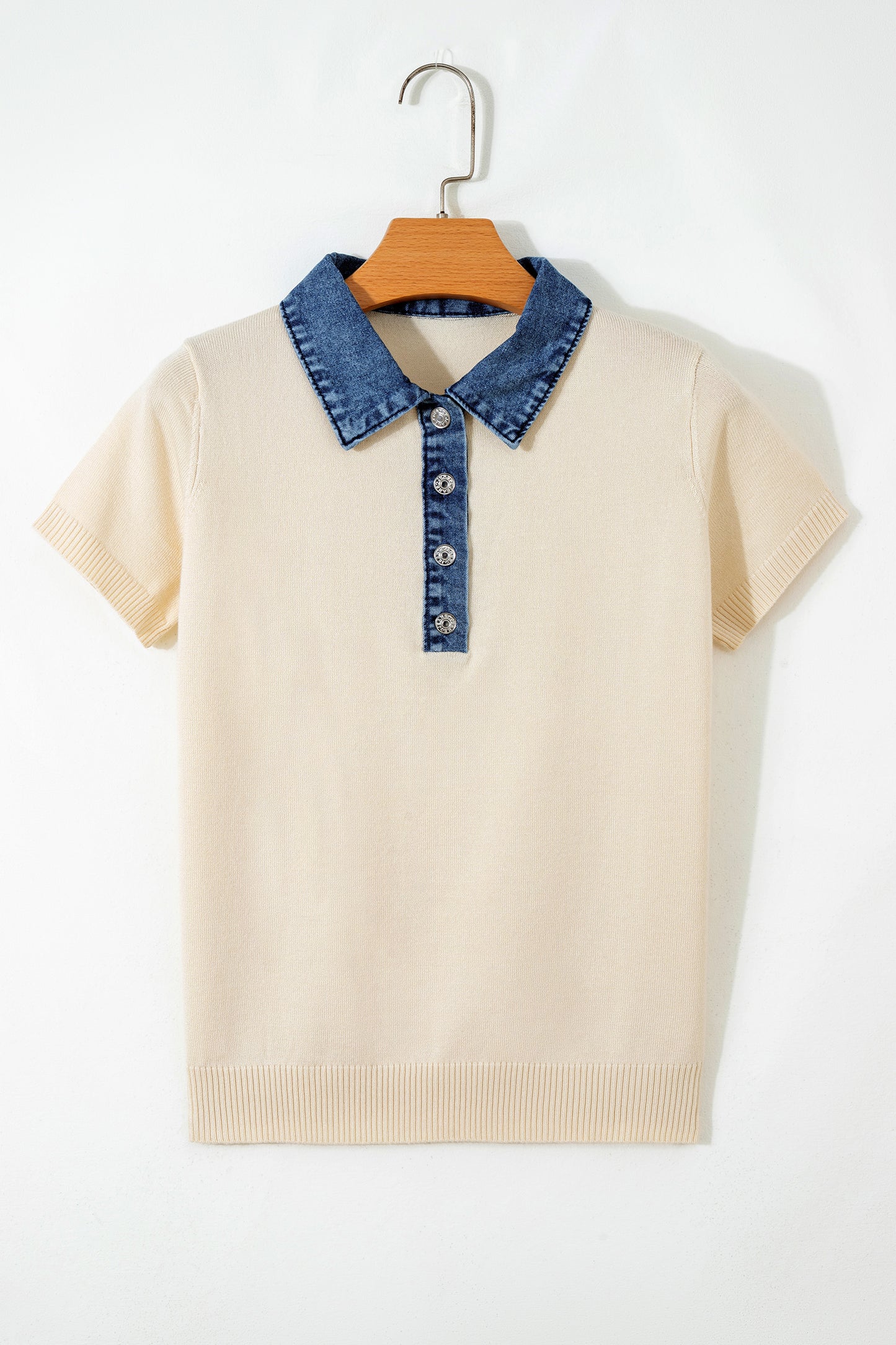 Denim Patchwork Polo Collar Short Sleeve Sweater