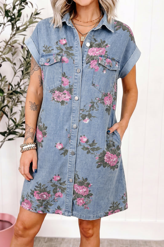 Floral Denim Cuffed Short Sleeve Buttoned Dress