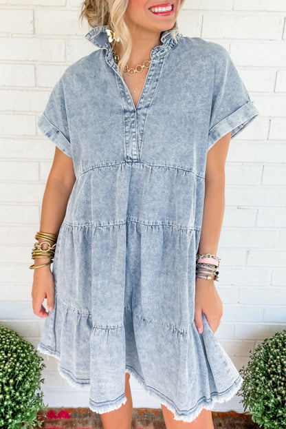 Denim Acid Washed Tiered Dress