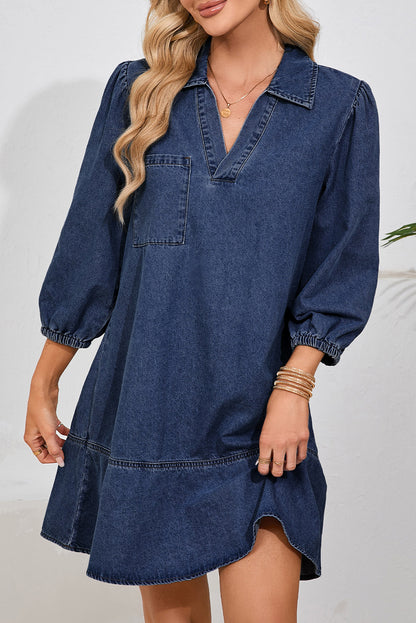 Denim Collared V-Neck Chest Pocket Dress