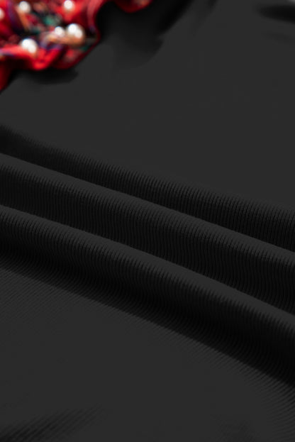 Plaid Patchwork Pearl Ruffle Sleeve T-Shirt